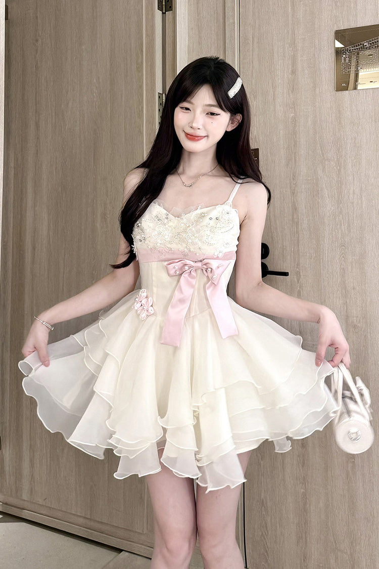 Ivory [Radiant Heiress] Sleeveless Multi-Layered Ruffled Embroidered Bow Pearl Detail Sweet Lolita Jsk Dress - Ivory - 1