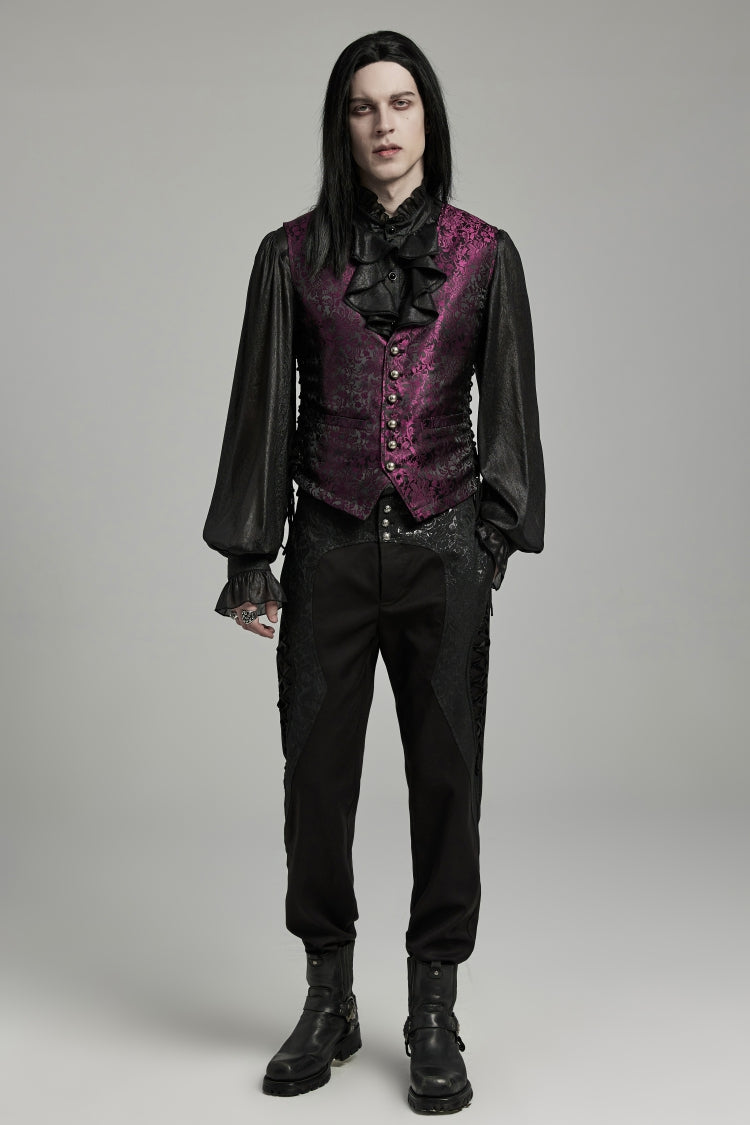 Black/Red Jacquard Lace-Up Slim Men's Gothic Vest - Product - 5