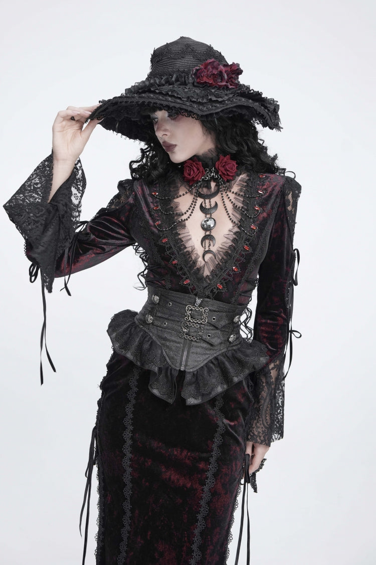 Black Lace Slim Fit Buckled Zippered Pleated Women's Gothic Girdle - Product - 5