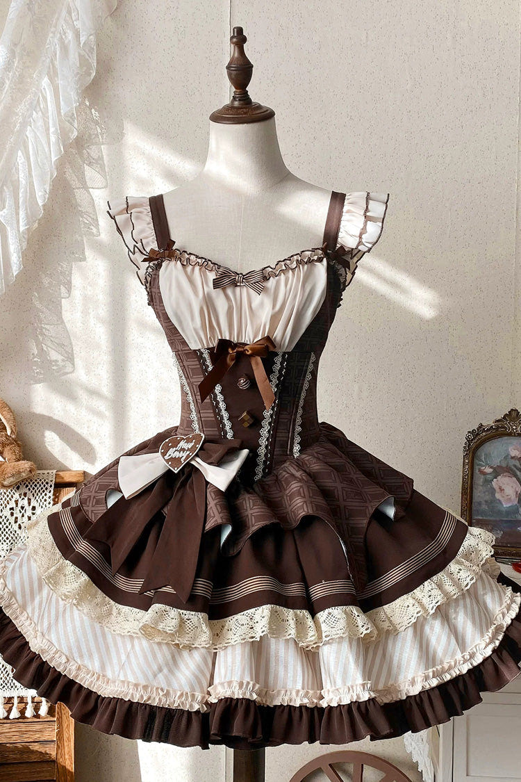 Sweet Square Collar Sleeveless Multi-Layered Printed Ruffled Bow Fishbone Lolita Dress 2 Colors (Mint Green, Chocolate Brown) - Chocolate-Brown - 5