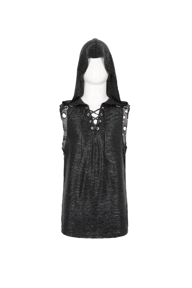 Black Strappy Mesh Splice Men's Punk Vest With Hood - Product - 8