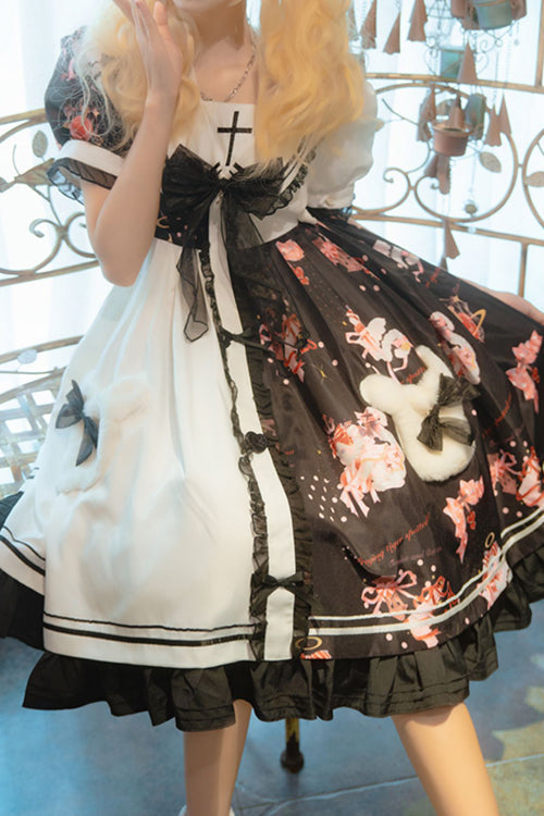 Black/White Navy Collar Short Sleeves Strawberry Bear Print Ruffled Hem Sweet Lolita Dress - Product - 6