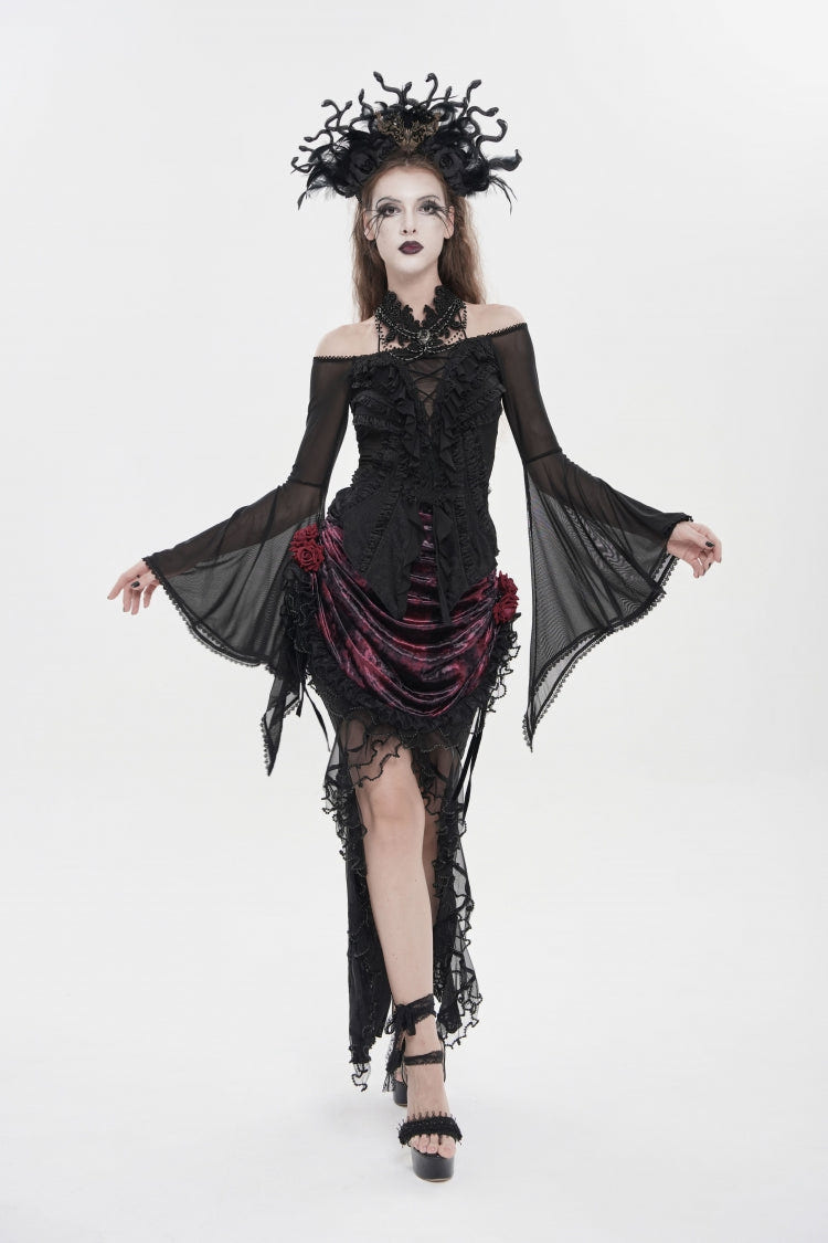 Black Off Shoulder Long Trumpet Sleeves Ruffled Embroidered Lace-Up Women's Gothic Blouse - Product - 9