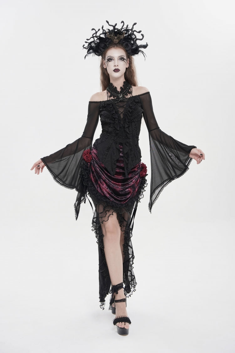 Black Off Shoulder Long Trumpet Sleeves Ruffled Embroidered Lace-Up Women's Gothic Blouse - Product - 9
