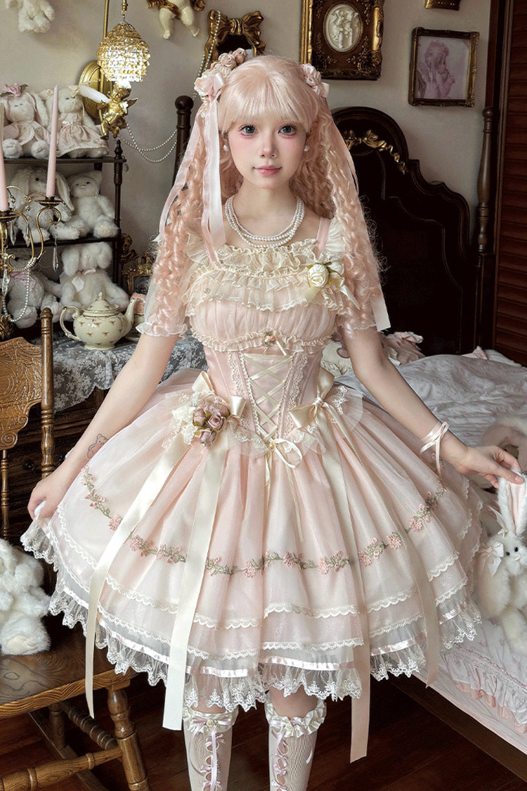 [Mist Champagne] Multi-Layered Ruffle Bowknot Lace Sweet Elegant Ballet Lolita Jsk Dress 3 Colors - Product - 5