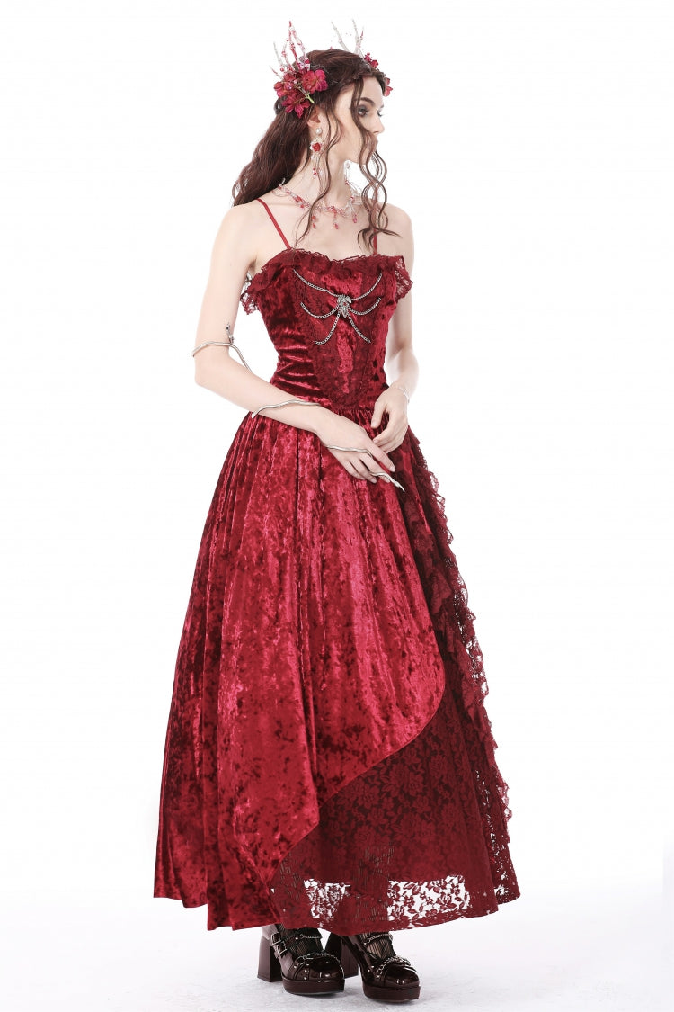 Red Sleeveless Spliced Lace Chain-Decorated Women's Gothic Velvet Slip Maxi Dress - Product - 7