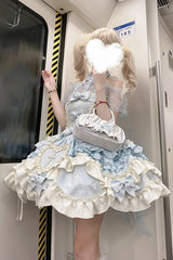 Blue [Heart of Butterfly] Halterneck Sleeveless Multi-Layered Ruffle Embroidery Princess Ballet Lolita Jsk Dress Set - Product - 10