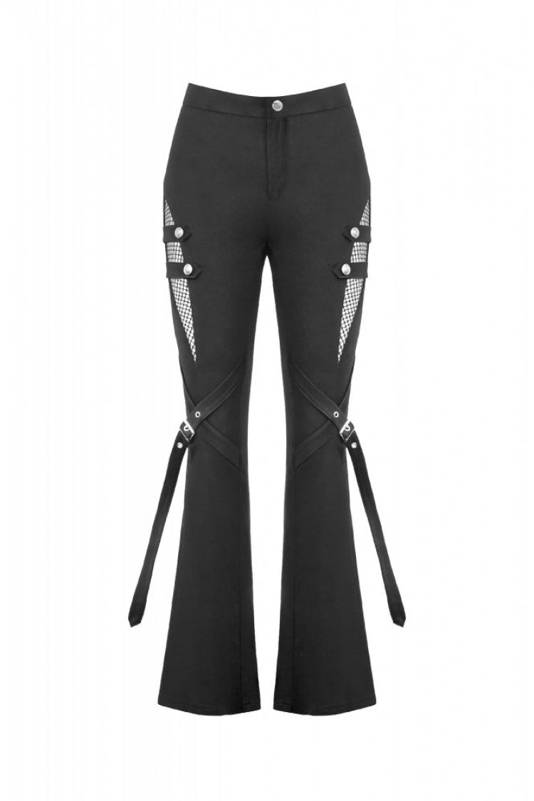 Black Women's Punk Buckled Straps Cut-Out Sheer Mesh Patchwork Flare Pants - Product - 3