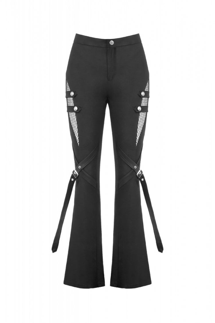 Black Women's Punk Buckled Straps Cut-Out Sheer Mesh Patchwork Flare Pants - Product - 3