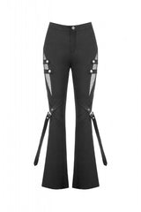Black Women's Punk Buckled Straps Cut-Out Sheer Mesh Patchwork Flare Pants - Product - 3