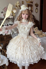 Apricot [Ballad of Feathers] Sleeveless Multi-Layered Ruffle Hanayome Bowknot Sweet Lolita Jsk Dress - Apricot - 1