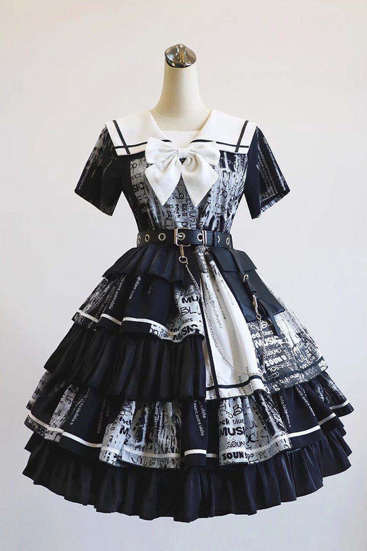 ブラック 半袖 ティアード プリント フリル リボン アシンメトリー パンク カレッジスタイル ロリータワンピース