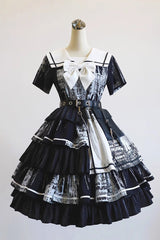 Black Short Sleeves Multi-Layered Print Ruffle Bowknot Asymmetric Punk College Style Lolita Dress - Black - 1
