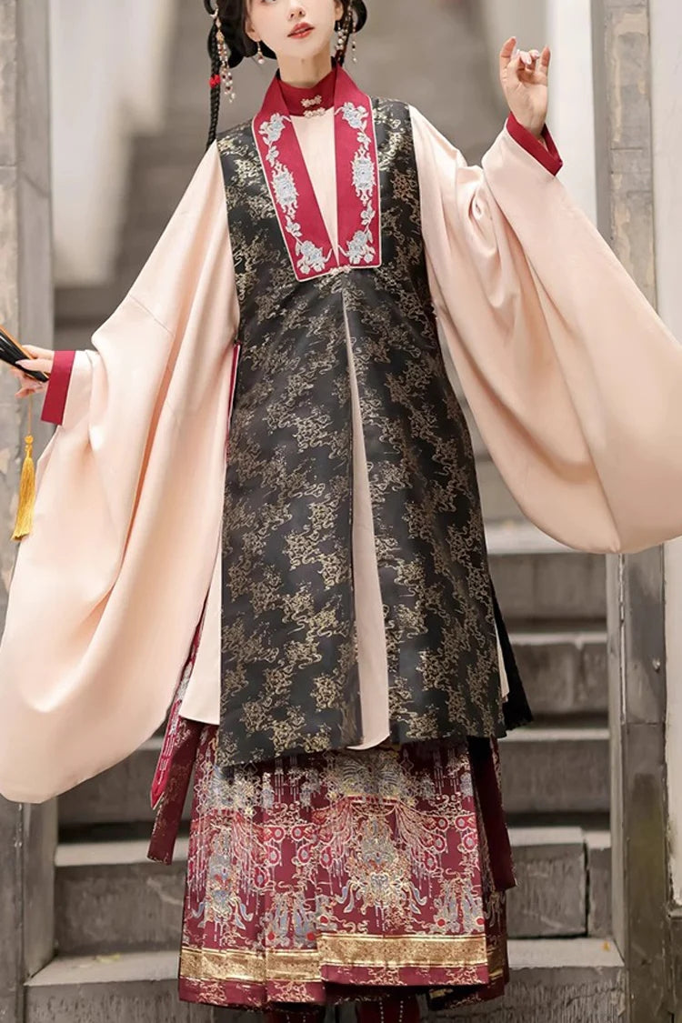 Black/Red Round Collar High Waisted Hot Stamping Embroidery Chinese Style Hanfu Dress Three Piece - image 1