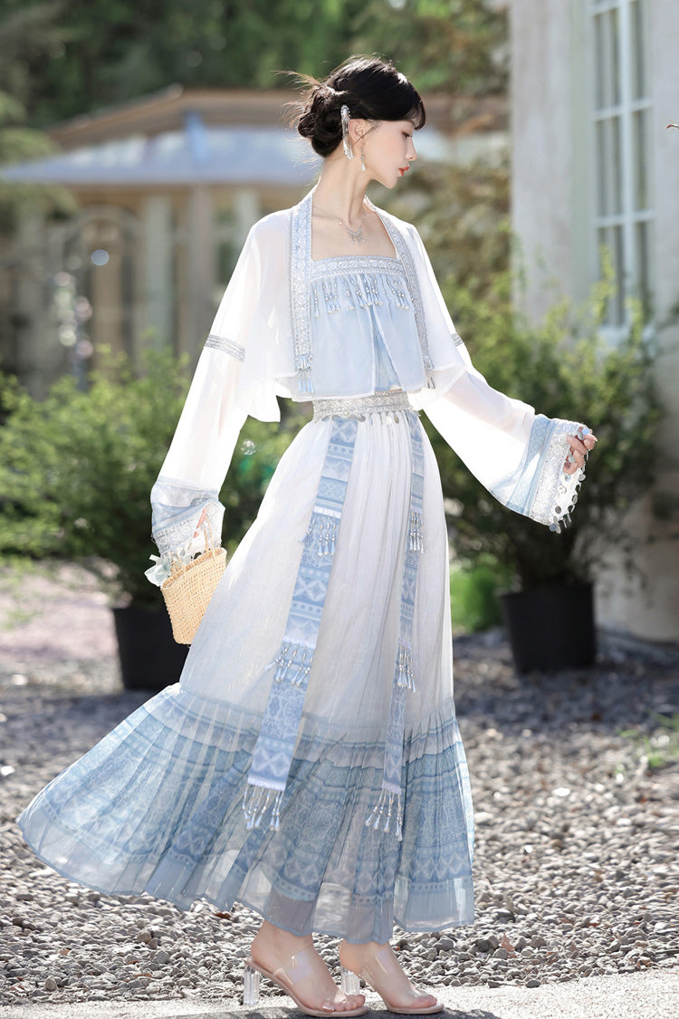 White/Blue [Moon-Reflecting Bell] Long Sleeves High Waisted Printed Women's Classic Hanfu Set - Product - 5