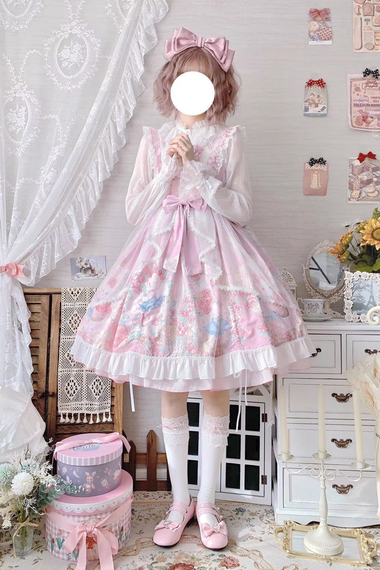 Pink Sleeveless High Waisted Rabbit Print Ruffle Bowknot Sweet Lolita Jsk Dress - Product - 8