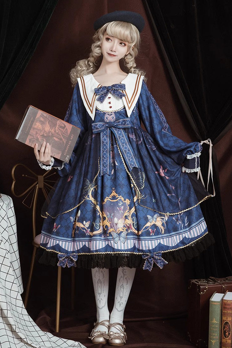 Blue Navy Collar Long Sleeves Butterfly Print Ruffle Bowknot Sweet Elegant Princess Lolita Dress - Blue - 1