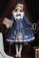 Blue Navy Collar Long Sleeves Butterfly Print Ruffle Bowknot Sweet Elegant Princess Lolita Dress - Blue - 1
