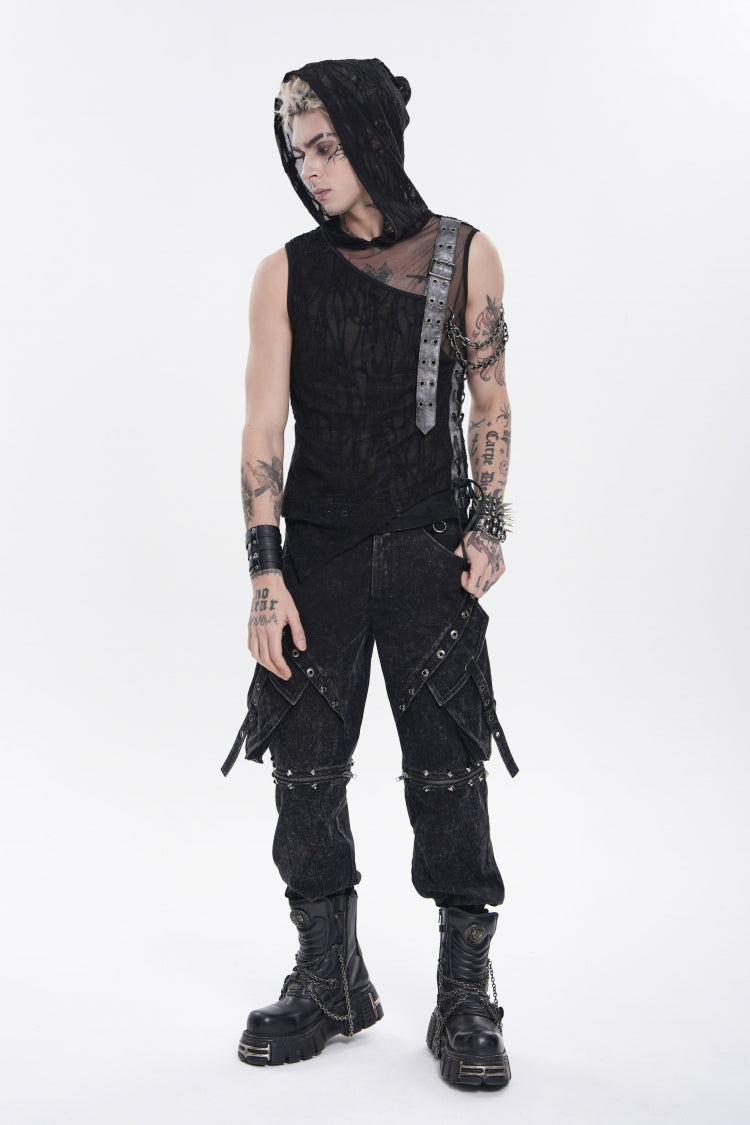 Black Hooded Sheer Asymmetric Chain-Decorated Men's Punk Hooded Vest - Product - 4