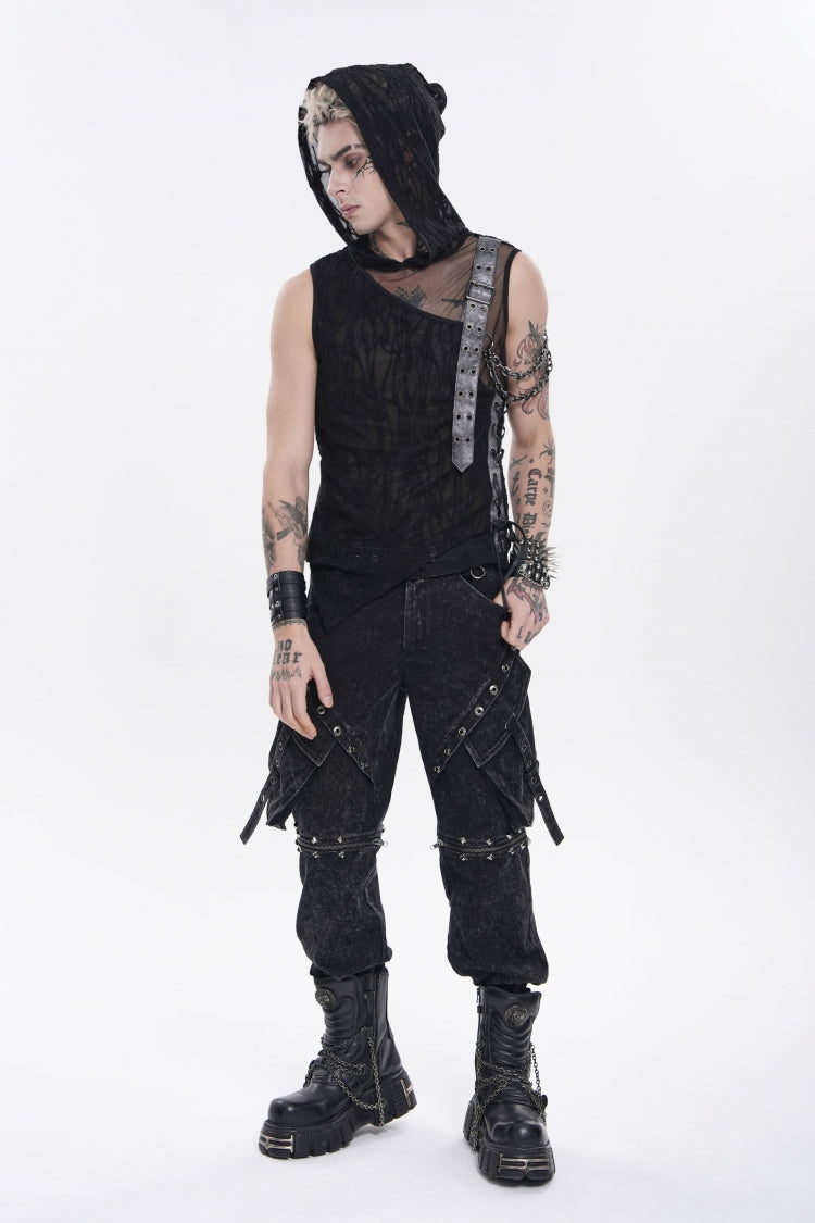 Black Hooded Sheer Asymmetric Chain-Decorated Men's Punk Hooded Vest - Product - 4