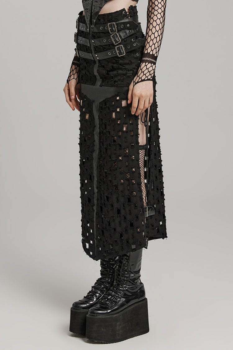 Black Hollow Cross-Taped Stitching Lace-Up Ripped Women's Steampunk Skirt - Product - 2