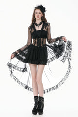 Black Deep-V Ruffled Long Flare Sleeves Sheer Lace Patchwork Lace-Up Women's Gothic Duster - Product - 10