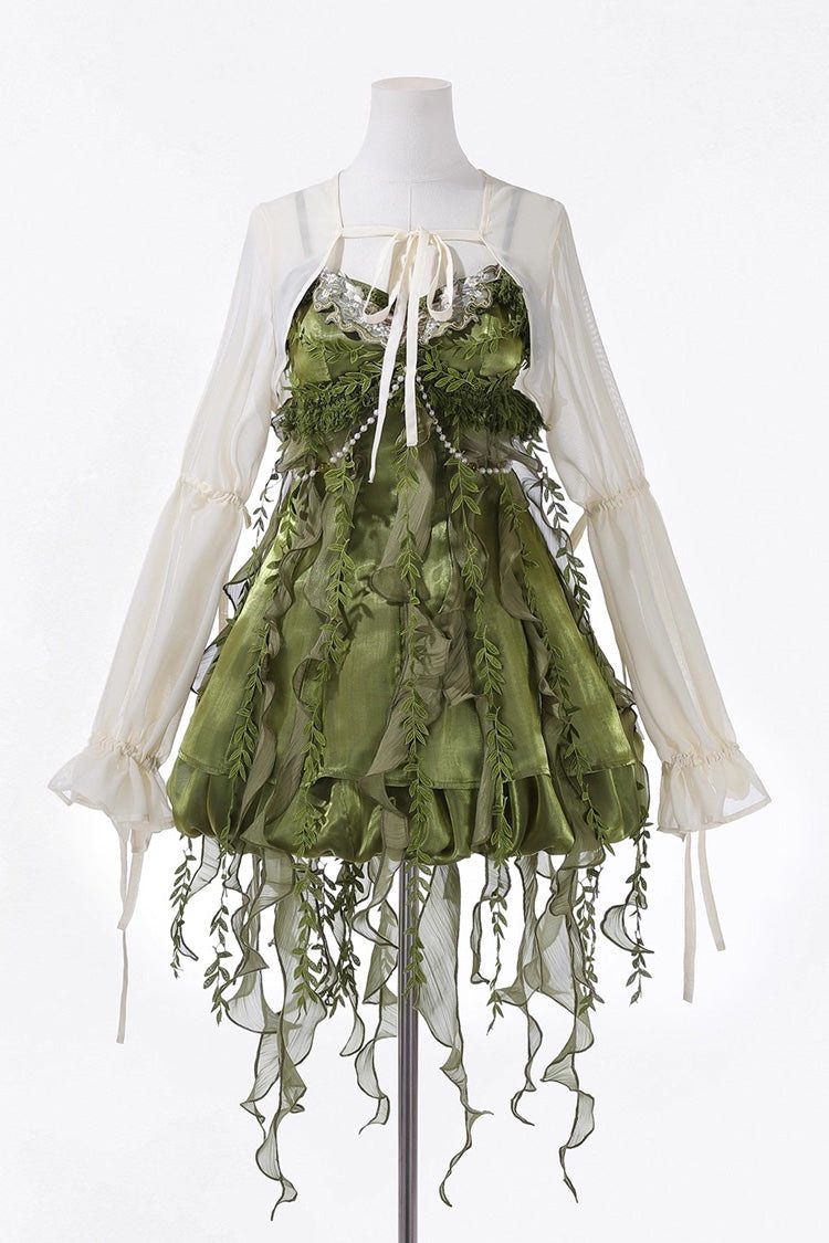 Green [Children of the Forest] Leaf Decoration Ruffle Irregular Sweet Lolita Jsk Dress Set - Product - 3