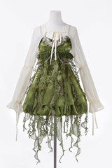 Green [Children of the Forest] Leaf Decoration Ruffle Irregular Sweet Lolita Jsk Dress Set - Product - 3