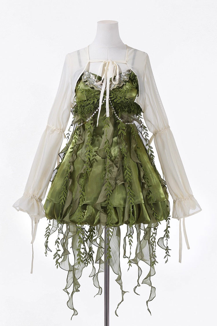 Green [Children of the Forest] Leaf Decoration Ruffle Irregular Sweet Lolita Jsk Dress Set - Product - 3