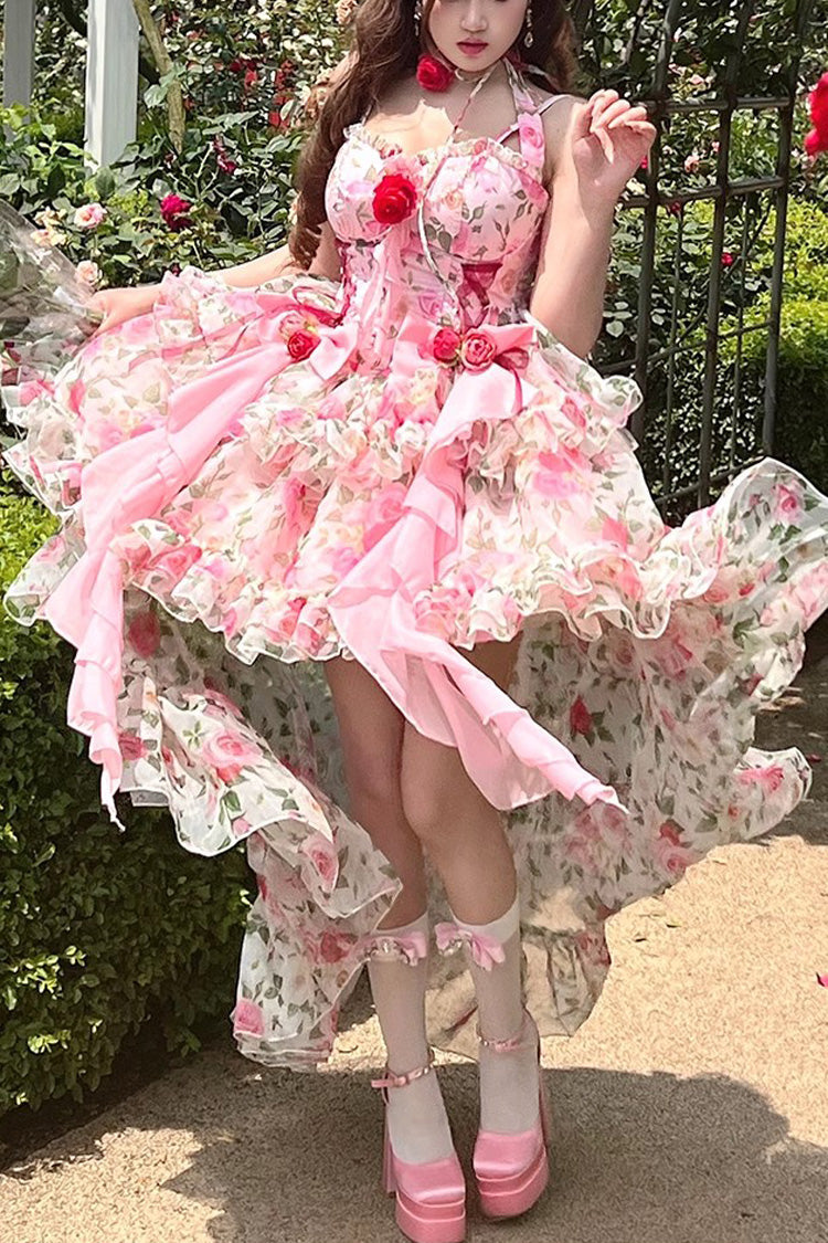 Pink Multi-Color Rose Print Sleeveless Sweet Lolita Strapless Dress - Pink - 1