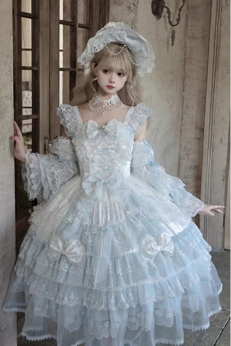 Blue [Prelude of Spring] Sleeveless Multi-Layered Ruffled Bow Lace Sweet Princess Lolita Jsk Dress - Product - 7