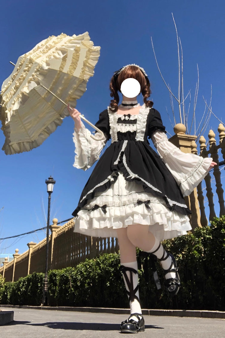 White/Black Long Hime Sleeves Ruffle Cardigan Bowknot Gothic Lolita Dress - Product - 5