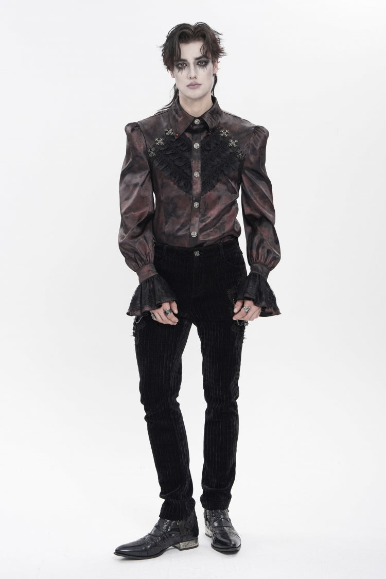 Red  Cross Spider Turn-down Collar Long Trumpet Sleeves Printed Lace Men's Gothic Shirt - Product - 5