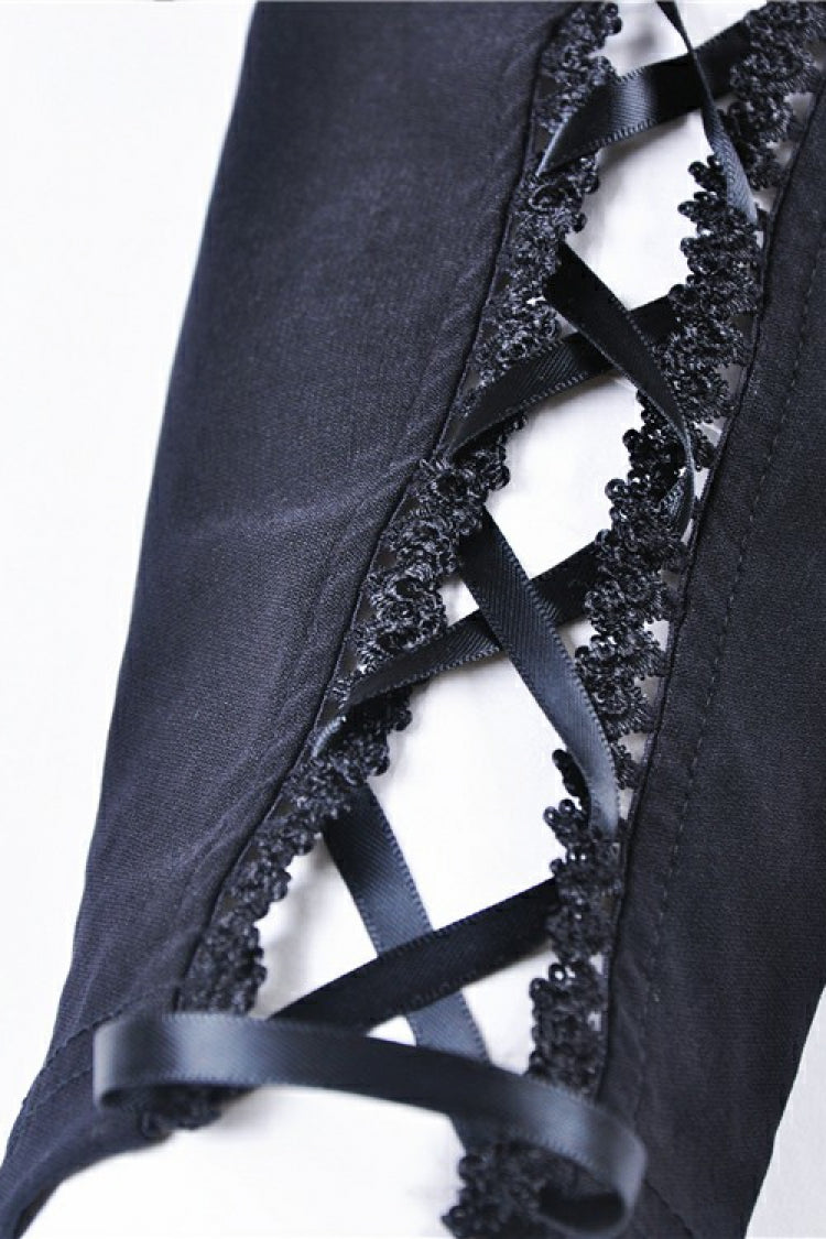 Black Floral Cut-Out Lace-Up Women's Gothic Leggings - Product - 14