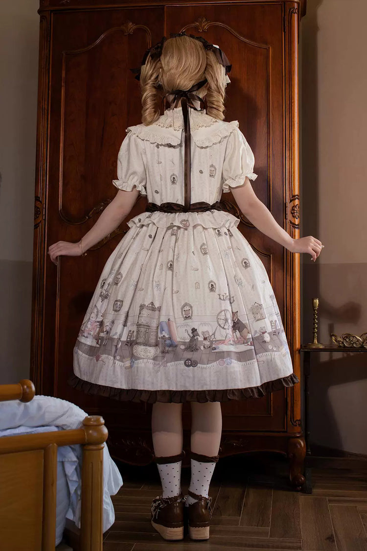 Ivory [Forest Tailor Shop] Stand Collar Short Sleeves Printed Ruffled Bow Sweet Lolita Dress - Product - 3