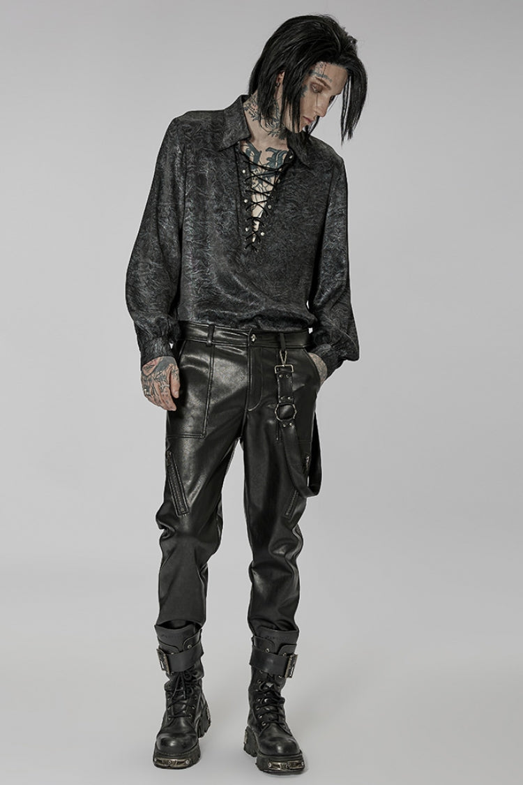 Black Faux Leather Detachable Metal Side Straps Men's Steampunk Pants - Product - 4