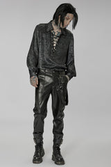 Black Faux Leather Detachable Metal Side Straps Men's Steampunk Pants - Product - 4