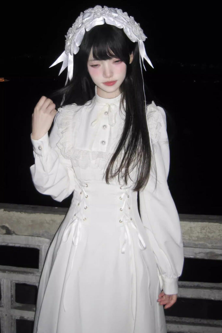 Apricot Stand Collar Long Sleeves Ruffled Lace-Up Mid-length Gothic Lolita Dress - Product - 3