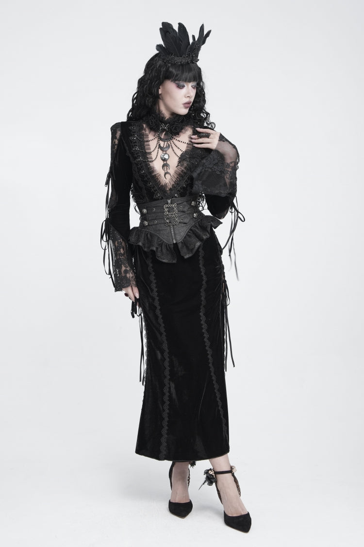 Black Lace Slim Fit Buckled Zippered Pleated Women's Gothic Girdle - Product - 10