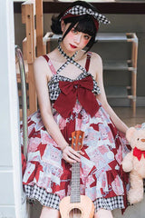 Detachable Shoulder Strap & Bowknot Print Stitching Ruffled Sweet Lolita Jsk Dress - Red - 3