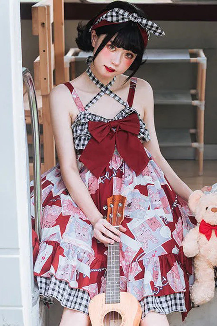 Detachable Shoulder Strap & Bowknot Print Stitching Ruffled Sweet Lolita Jsk Dress - Red - 3