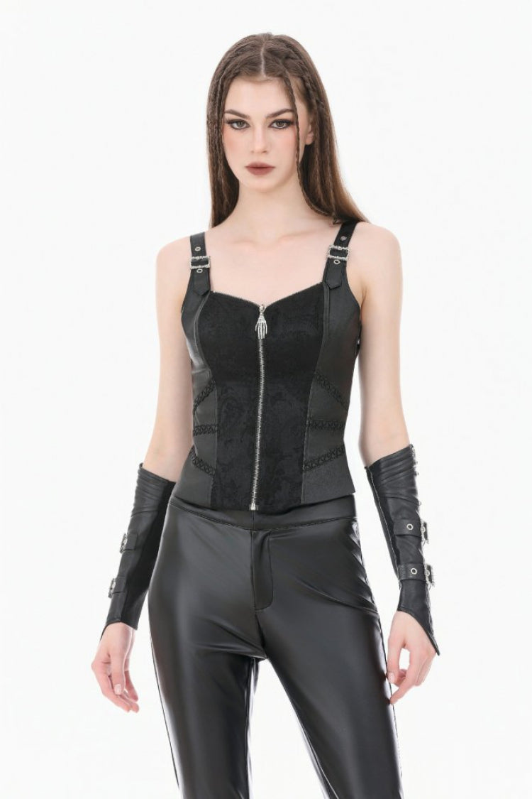 Black Jacquard Buckled Straps Zippered Women's Punk Vest - Black - 1