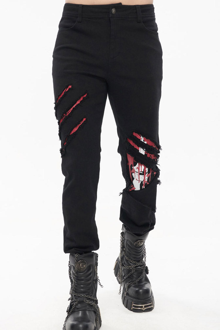 Black Punk Twill Ripped Leg-Bone Bleed Print Men's Pants - Black - 1