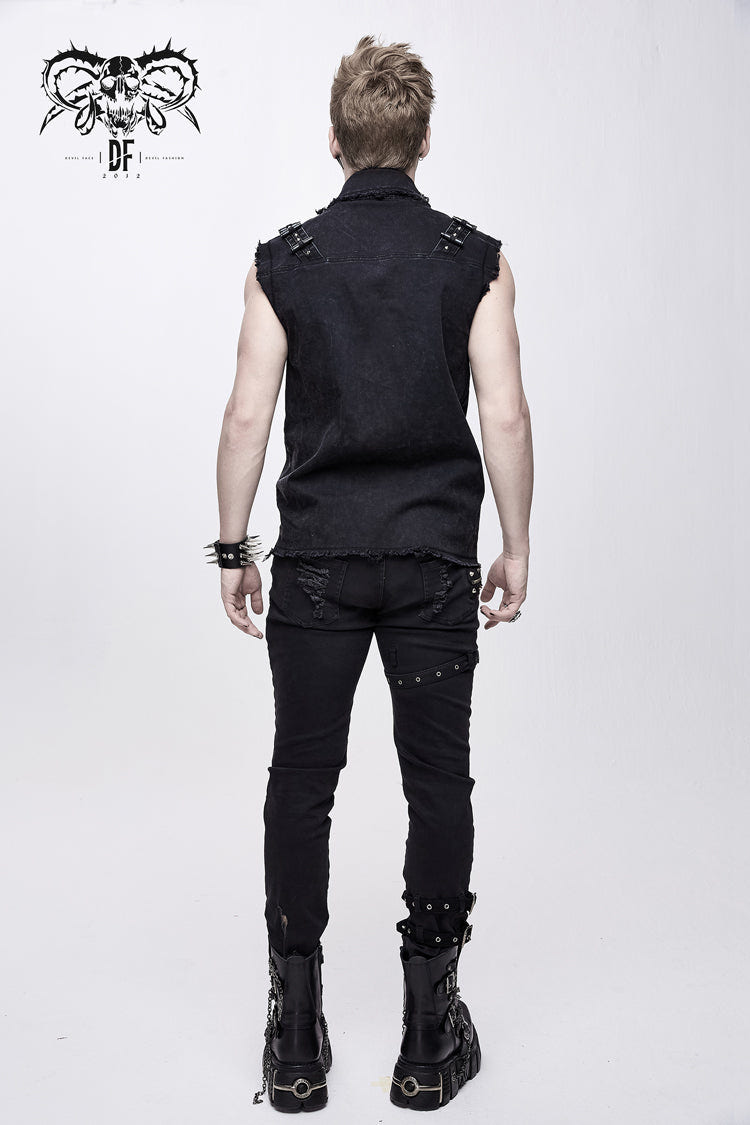 Black Faded Shoulder Bullet Clip Rivet Men's Punk Waistcoat - Product - 5