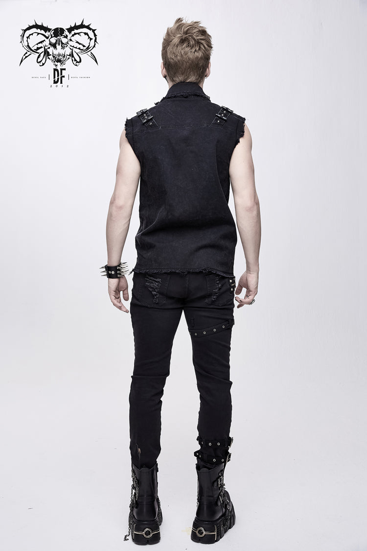 Black Faded Shoulder Bullet Clip Rivet Men's Punk Waistcoat - Product - 5