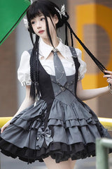 Black/Grey [Machinist] Sleeveless Multi-Layered Ruffle Bowknot Classic College Style Lolita Dress - Black - 1