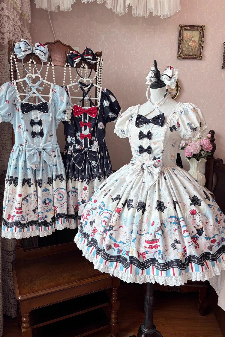 Black [Mystery Rabbit Tea Party] Square Collar Short Sleeves Print Ruffle Bowknot Lace Sweet Lolita Dress - Product - 8