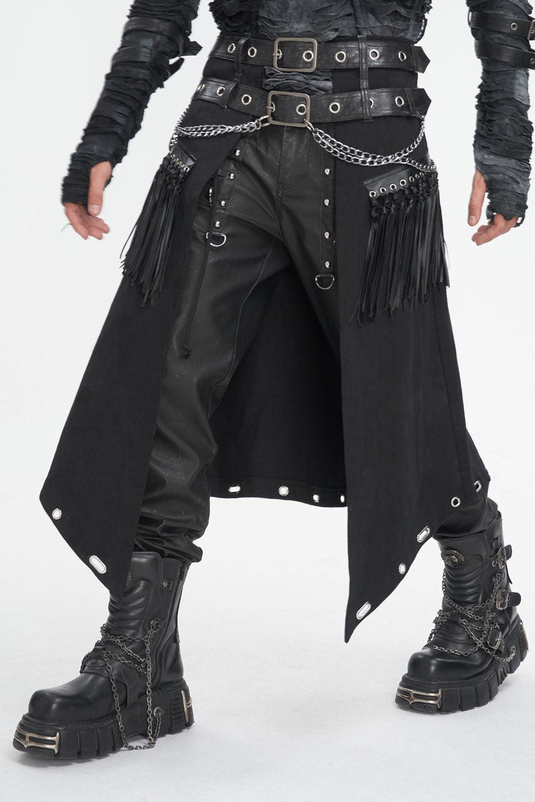 Black Irregular Double Belt Tassels Men's Gothic Skirt - Product - 2