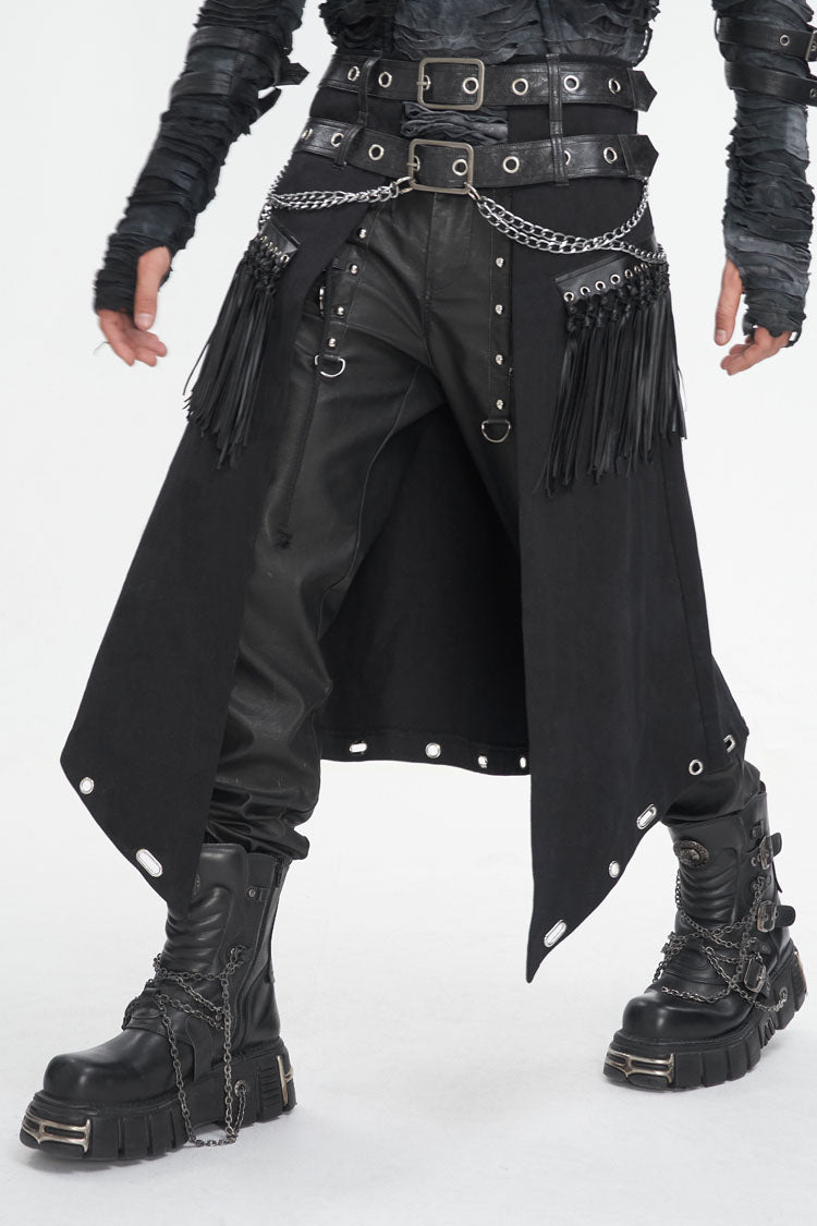 Black Irregular Double Belt Tassels Men's Gothic Skirt - Product - 2