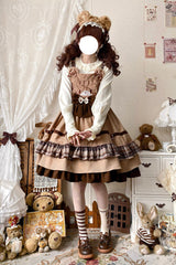 Brown Bear Triple-Layered Ruffle Bowknot Sweet Lolita Strap Dress - Product - 6